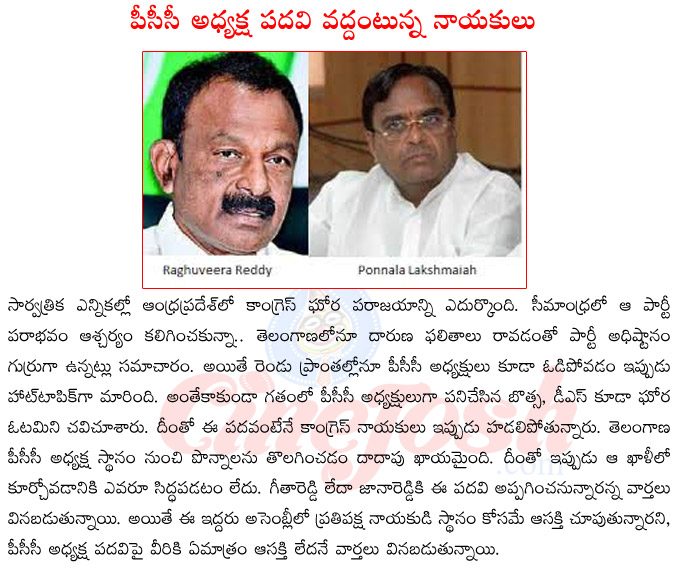 ap assembly results,pcc president raghu veera reddy,pcc president ponnala laxmaiah,new pcc chief,pcc presidents defeated in ap  ap assembly results, pcc president raghu veera reddy, pcc president ponnala laxmaiah, new pcc chief, pcc presidents defeated in ap